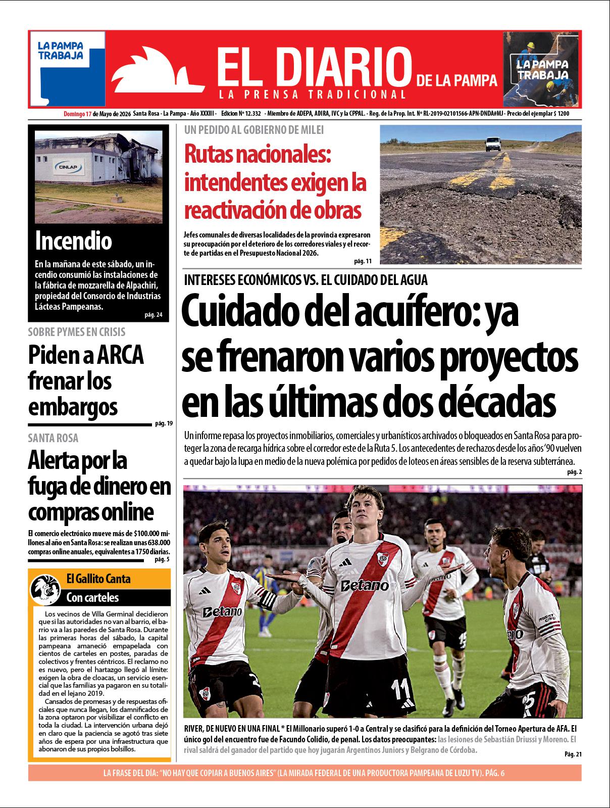 Tapa de El Diario en papel  domingo 17 de mayo de 2026